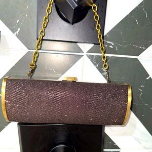 UNLISTED BLACK/DEEPS PINKS  AND GOLD GLITTER OVAL CLUTCH WITH DETACHABLE CHAIN